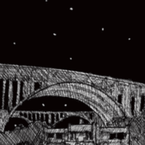 A drawing of an old bridge with stars in the sky.