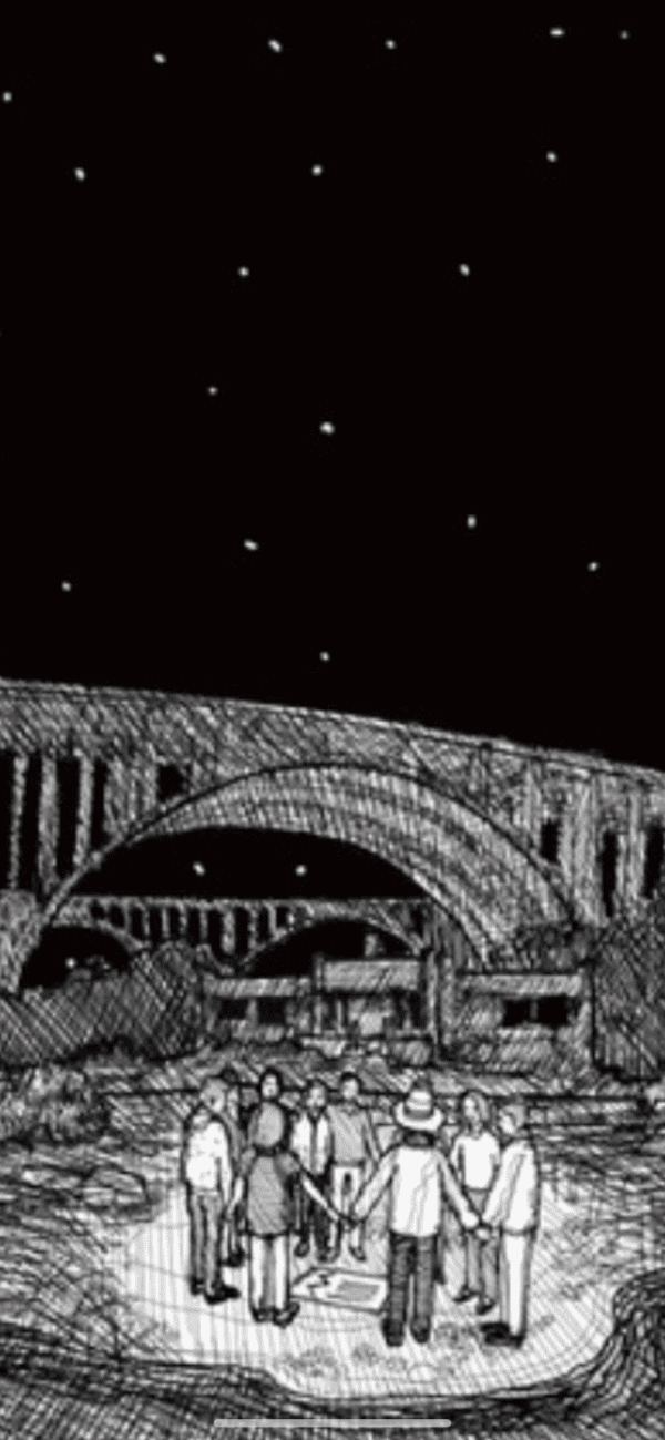 A drawing of an old bridge with stars in the sky.